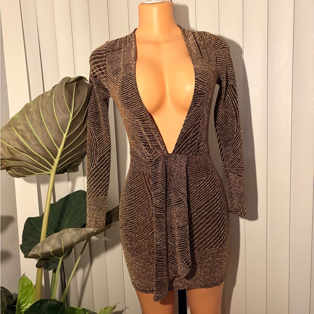 Stylish Shimmery Brown & Gold Deep V-Neck Dress